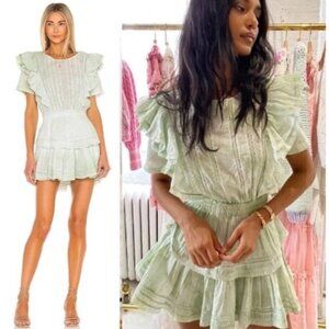 LoveShackFancy Natasha Light Green Lace Embroidered Ruffle Mini Dress Xs